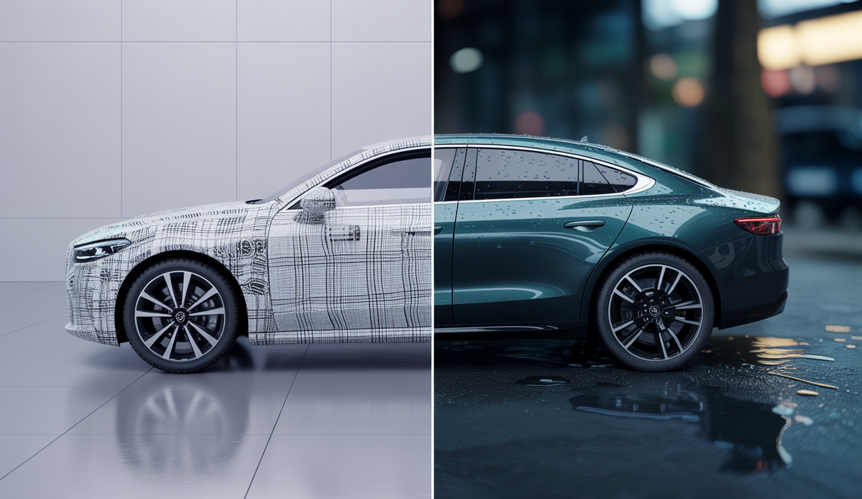 Comparaison visuelle détaillée entre un film PPF transparent et un véhicule avec traitement céramique, mettant en avant la protection et l’entretien automobile en 2025