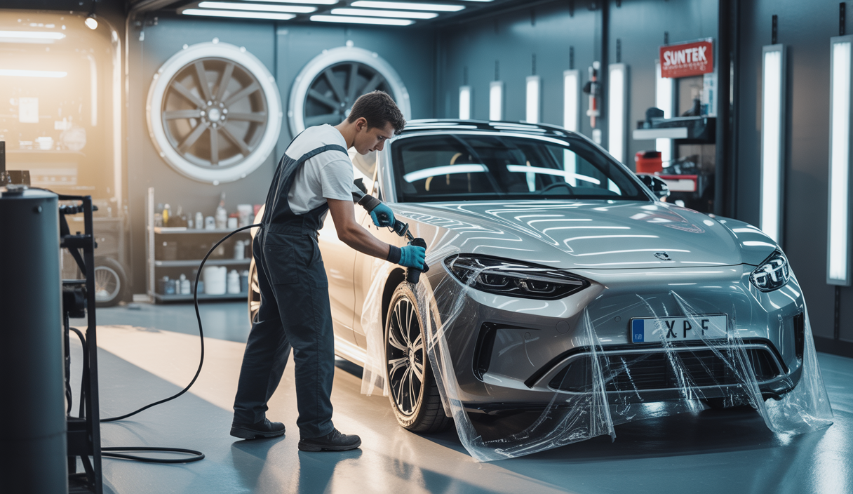Poseur de film PPF appliquant un film de protection sur la carrosserie d'une voiture moderne dans un atelier professionnel lumineux, entouré d'équipements spécialisés et de films de protection en rouleaux.