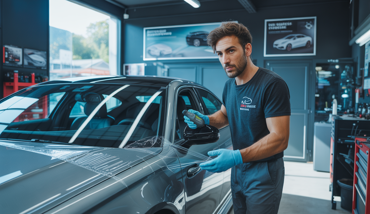 Professionnel posant un film protecteur PPF sur la carrosserie d'une voiture moderne dans un atelier automobile en France