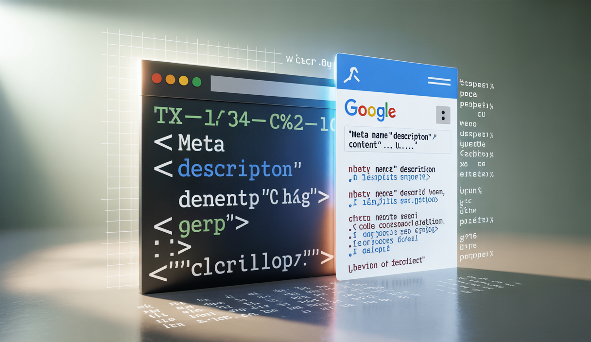 Illustration de balises HTML meta description avec éléments SEO et résultats de recherche Google