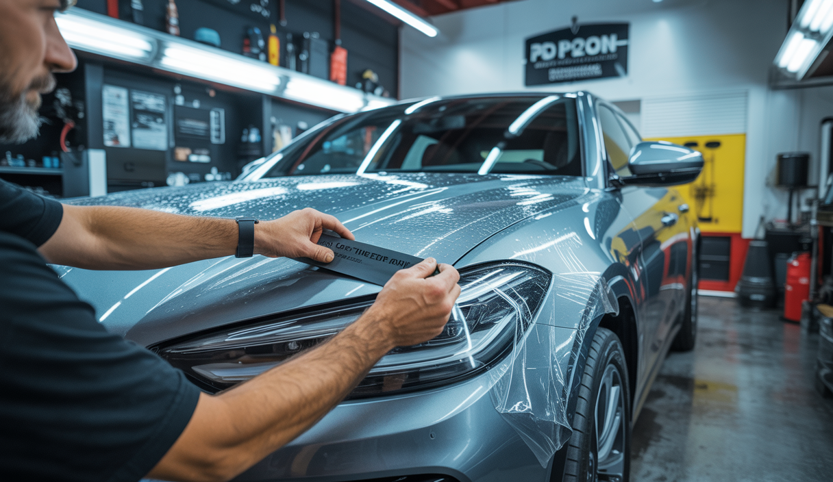 Technicien appliquant un film PPF transparent sur une carrosserie automobile dans un atelier de detailing moderne, avec équipement professionnel et ambiance de précision artisanale.